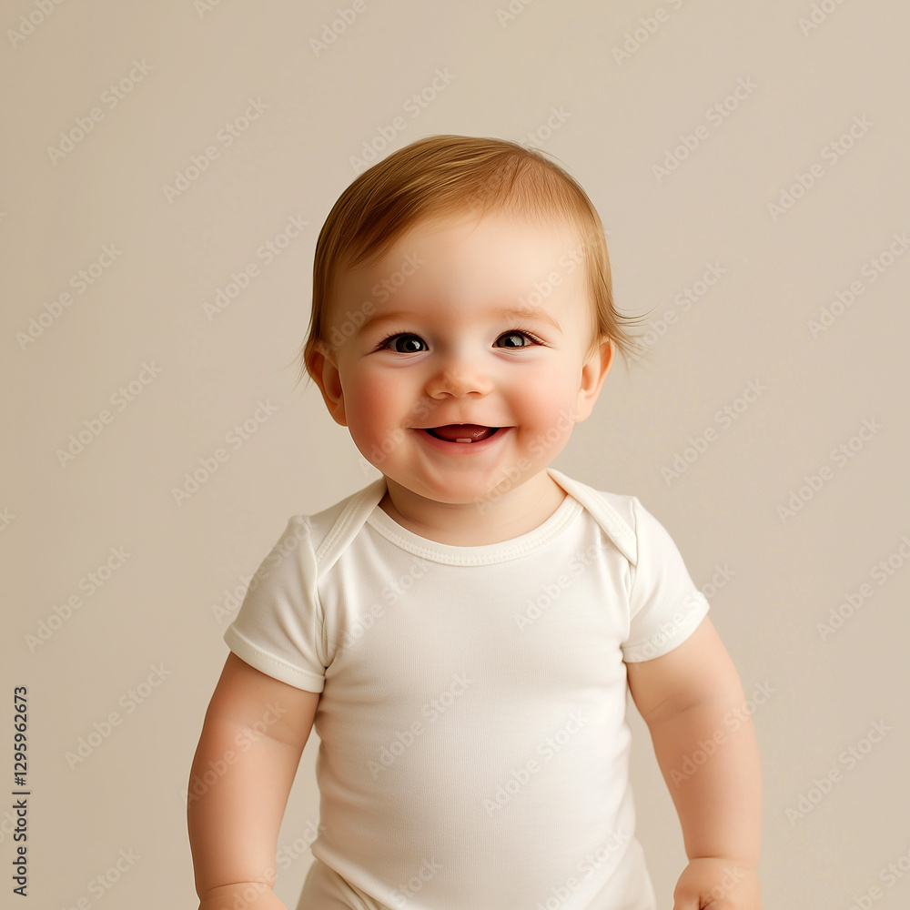 A happy baby wearing a white short-sleeved bodysuit, standing and smiling at the camera, against a plain background A happy baby wearing a white short-sleeved bodysuit, standing and smiling at the camera, against a plain background