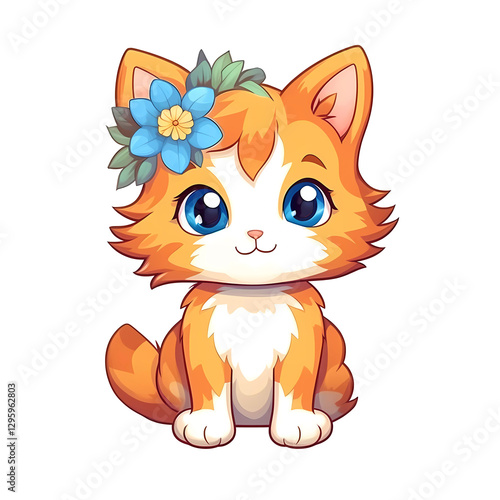 Adorable cartoon orange tabby cat with big blue eyes, decorated with a blue flower and green leaves on its head, sitting on a white background, creating a cute and cheerful vibe