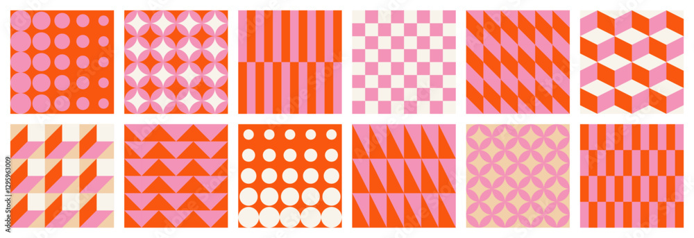 Big set of abstract contemporary seamless patterns of simple geometric shapes on a light background, red and pink colors, flat style