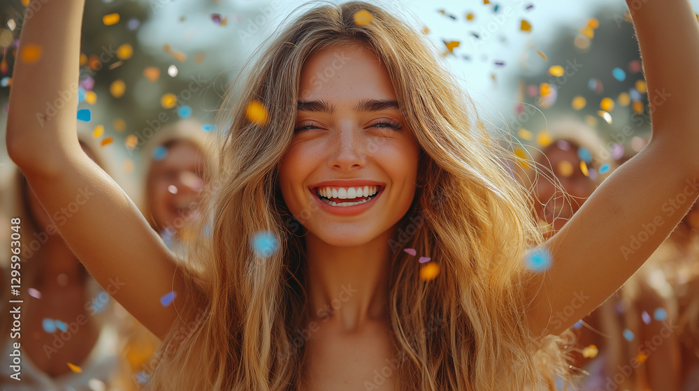 Obraz premium A group of friends celebrates with joyous smiles as colorful confetti falls around them. The sun casts a warm glow, highlighting their happiness and carefree spirits