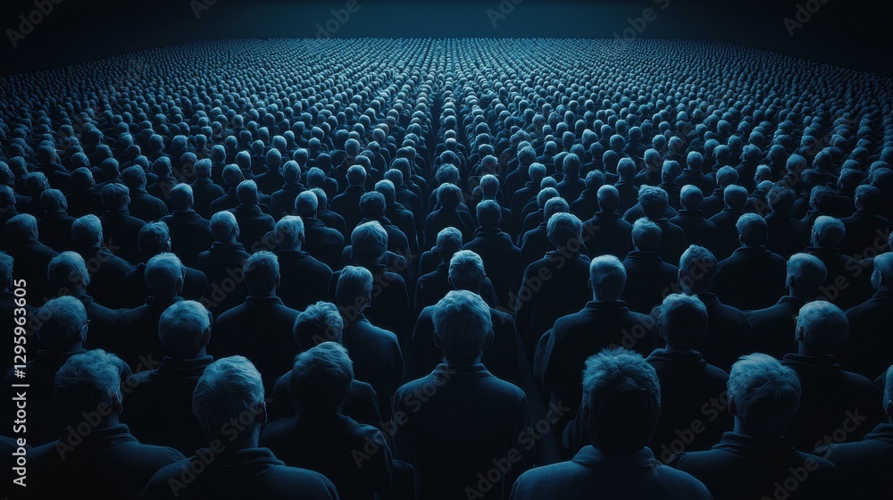 Obraz premium Vast Dark Crowd of Identical Figures in Blue Light Environment