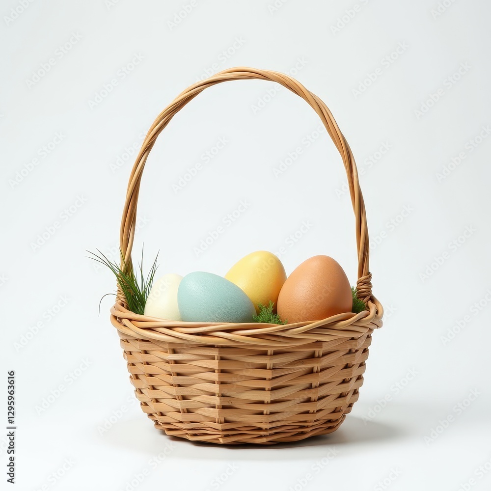 Vibrant Eggs Against Fresh Green Grass in a Classic Wicker Basket Design. A wicker basket filled with three colored eggs and grass. Vibrant Eggs Against Fresh Green Grass in a Classic Wicker Basket Design. A wicker basket filled with three colored eggs and grass.