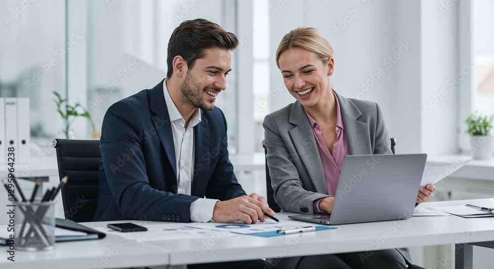 Smiling business colleagues reviewing documents on laptop, concept for modern office teamwork and collaboration Smiling business colleagues reviewing documents on laptop, concept for modern office teamwork and collaboration