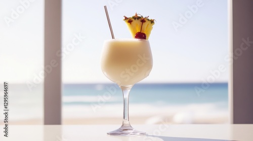 Experience tropical flavors with a non alcoholic piña colada served in a coconut shell alongside the serene beach views of a sunny paradise
