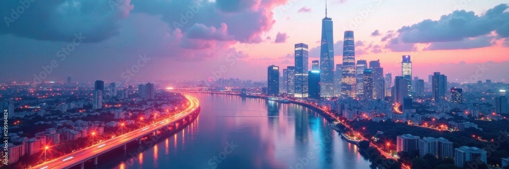 Naklejka premium futuristic cityscape at dusk with towering skyscrapers and neon lights reflecting off a sleek white background, sky, futuristic, white