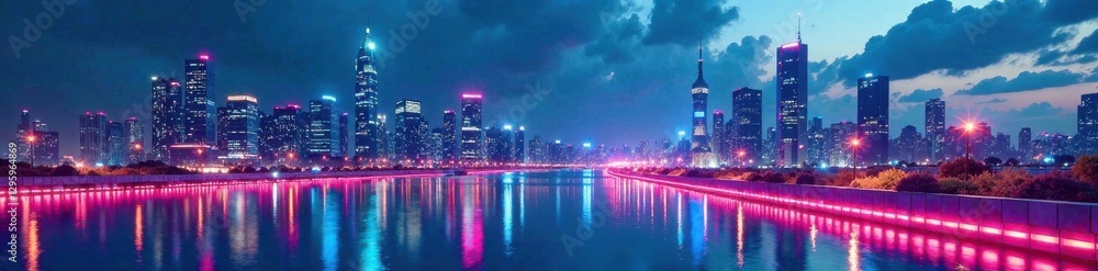 Obraz premium Futuristic cityscape at night with neon lights reflecting off a sleek white background, modernity, technology, architecture