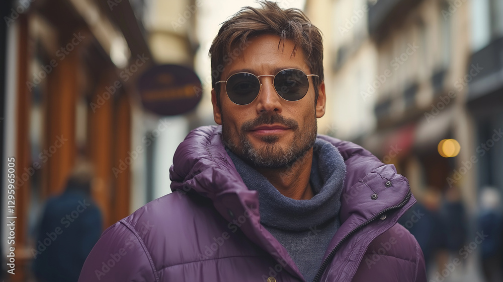 A stylish man in a purple jacket and round sunglasses confidently walks along a bustling street. The warm glow of a nearby café illuminates the scene, creating a cozy atmosphere A stylish man in a purple jacket and round sunglasses confidently walks along a bustling street. The warm glow of a nearby café illuminates the scene, creating a cozy atmosphere