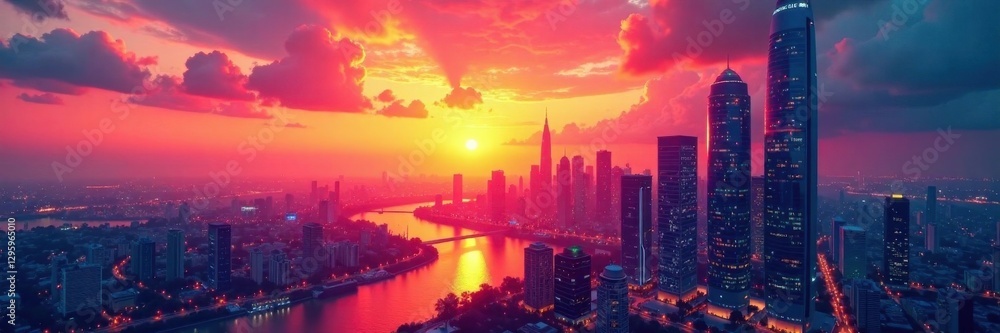 Obraz premium Futuristic cityscape at sunset with sleek skyscrapers and neon lights , skyline, high-tech, neon