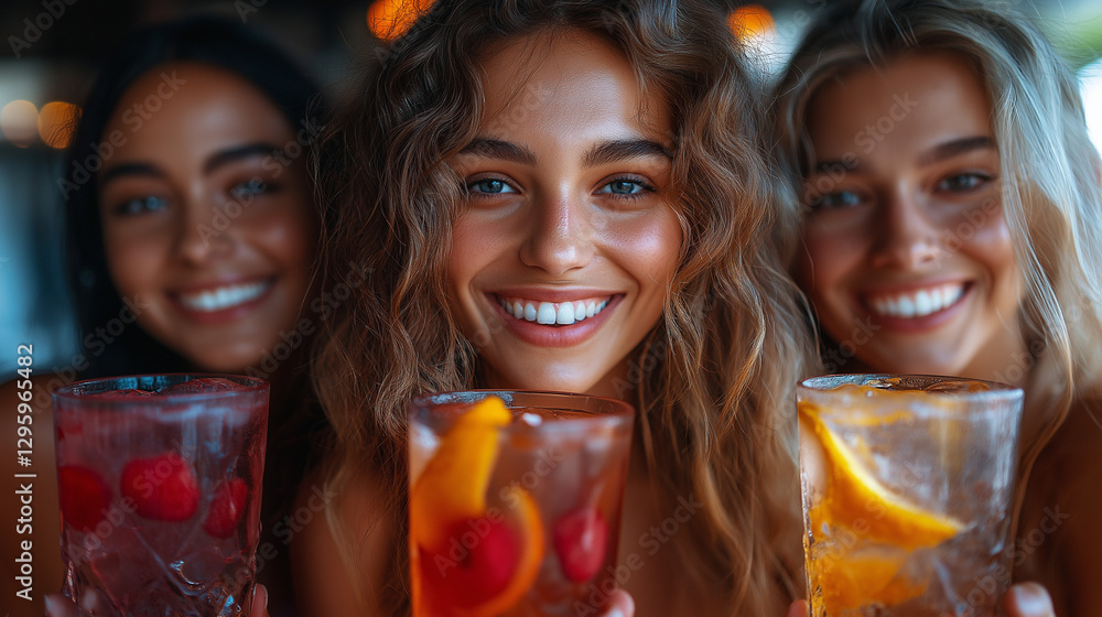 Three friends smile brightly while holding up their refreshing summer cocktails adorned with fruits. The atmosphere is lively and cheerful at a beachside setting, perfect for a sunny day Three friends smile brightly while holding up their refreshing summer cocktails adorned with fruits. The atmosphere is lively and cheerful at a beachside setting, perfect for a sunny day