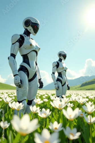 Futuristic robots standing in a field of gleaming white flowers, flowers, robots, technology