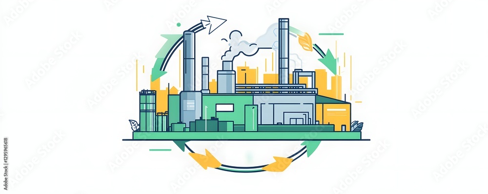Naklejka premium Illustrated factory with arrows symbolizing environmental sustainability and recycling