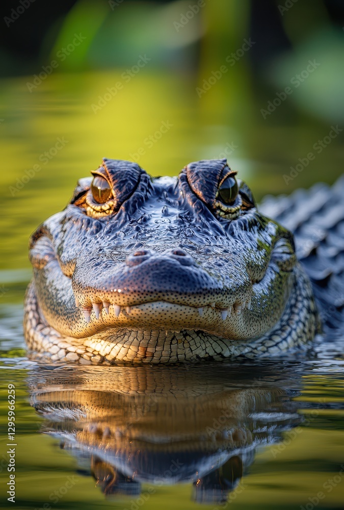 Fototapeta premium Close-Up View of a Alligator Smiling and Swimming in the Calm Waters Surrounded by Lush Vegetation During Golden Hour with Soft Light Reflections