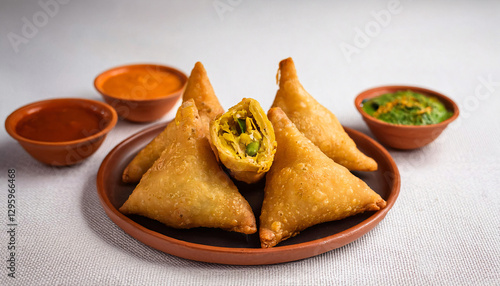 Freshly fried, golden-brown samosas with a plate with crispy, triangular samosas arranged neatly, one of them cut open to reveal a spicy potato and pea filling photo