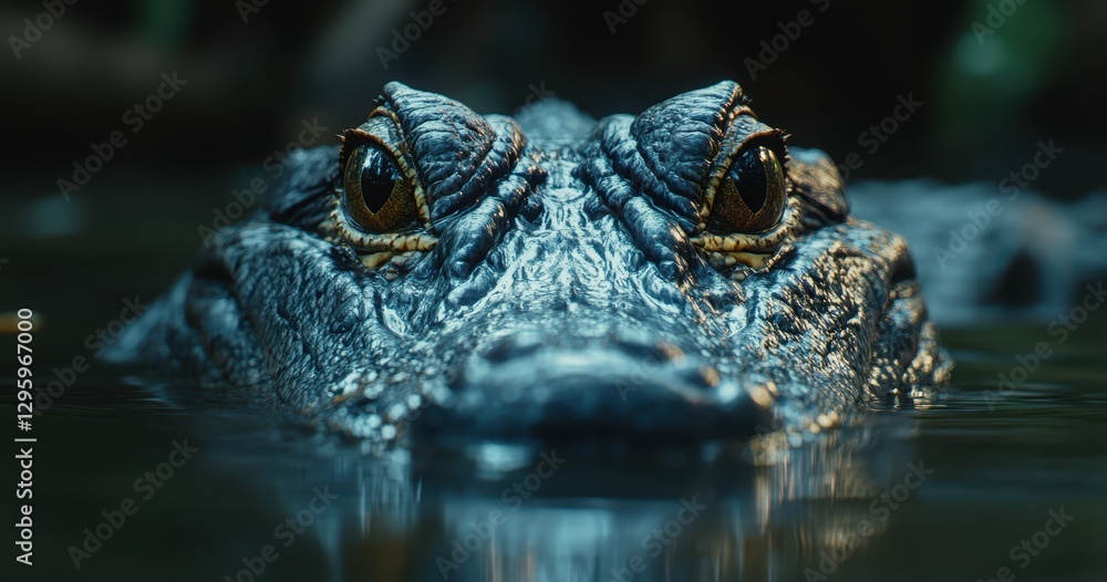 Fototapeta premium Close-Up View of a Crocodile Emerged in Water, Showcasing Scales, Eyes, and Texture in Natural Habitat Setting with Calm Surroundings