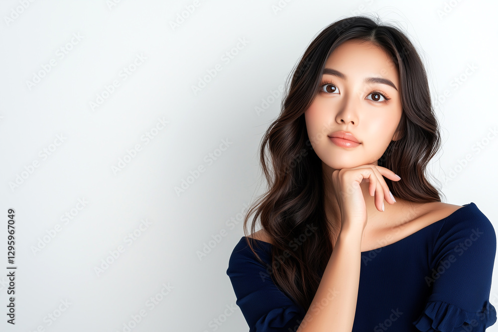 A korean woman in her thirties with short hair, wearing navy blue and standing upright against a white background, appears to be deep in thought, with one hand on her chin and a calm expression A korean woman in her thirties with short hair, wearing navy blue and standing upright against a white background, appears to be deep in thought, with one hand on her chin and a calm expression