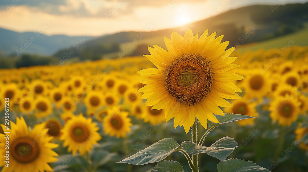 Obraz premium Golden sunflowers stretch towards the horizon, illuminated by the warm hues of sunset. Rolling hills create a picturesque backdrop, showcasing nature's tranquil charm