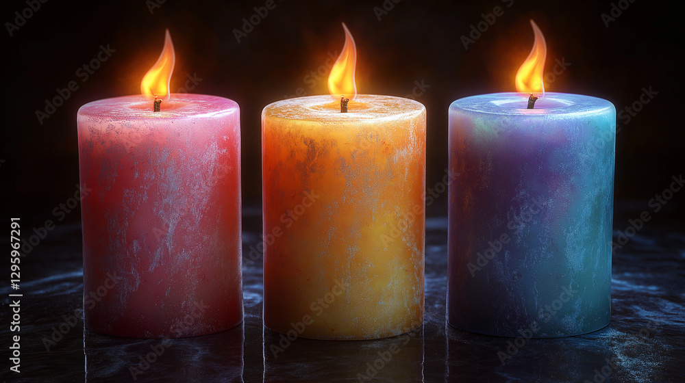 Vibrant candles burn softly in a dark setting, their flames flickering gently. The colorful pillars create a serene ambiance, inviting tranquility into the space Vibrant candles burn softly in a dark setting, their flames flickering gently. The colorful pillars create a serene ambiance, inviting tranquility into the space