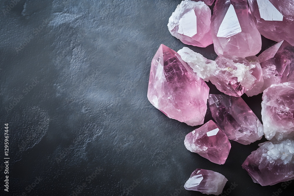 Rose quartz crystals on a dark grey table at the daylight moody aesthetic. Healing gemstone for wellness energy cleansing ritual. Cozy delicate dark tones spiritual background with copy space. Rose quartz crystals on a dark grey table at the daylight moody aesthetic. Healing gemstone for wellness energy cleansing ritual. Cozy delicate dark tones spiritual background with copy space.