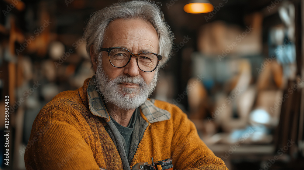 In a cozy workshop illuminated by soft golden light, an experienced artisan exudes warmth and pride while surrounded by intricate wooden designs and tools, illustrating timeless craftsmanship