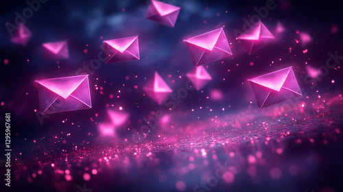 Surrounded by a captivating glow, vibrant pink envelopes drift through an ethereal digital landscape. The shimmering background adds a magical touch, creating a sense of wonder and creativity