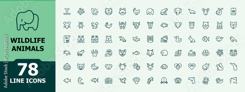 Wildlife Animals icon set. Containing bear, nature, flamingo, forest, giraffe and more. Line symbol. Minimalist editable vector stroke. UI icon set in a flat design.