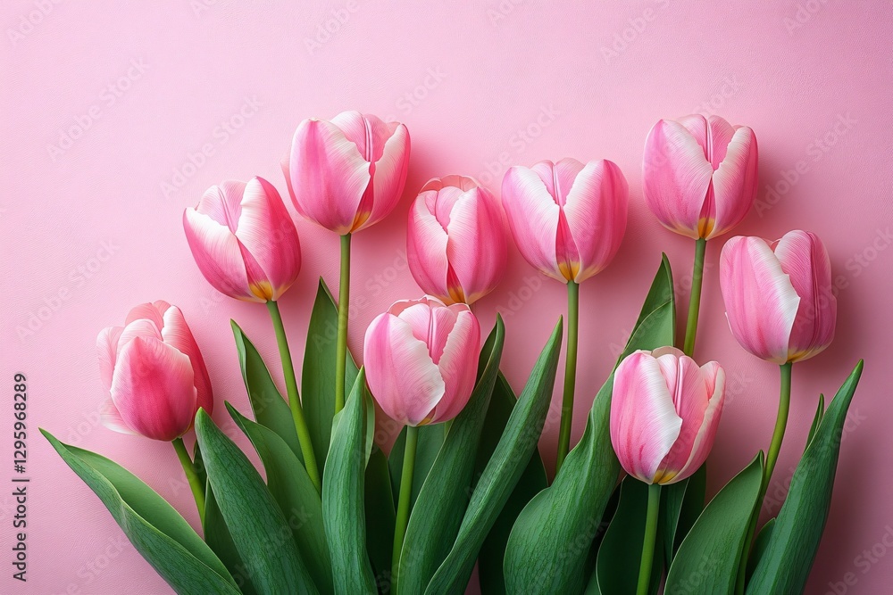 Fototapeta premium Elegant pink tulips arranged on a soft pastel background, perfect for spring celebrations like Mother's Day and Easter. Ideal for floral designs and greeting cards.