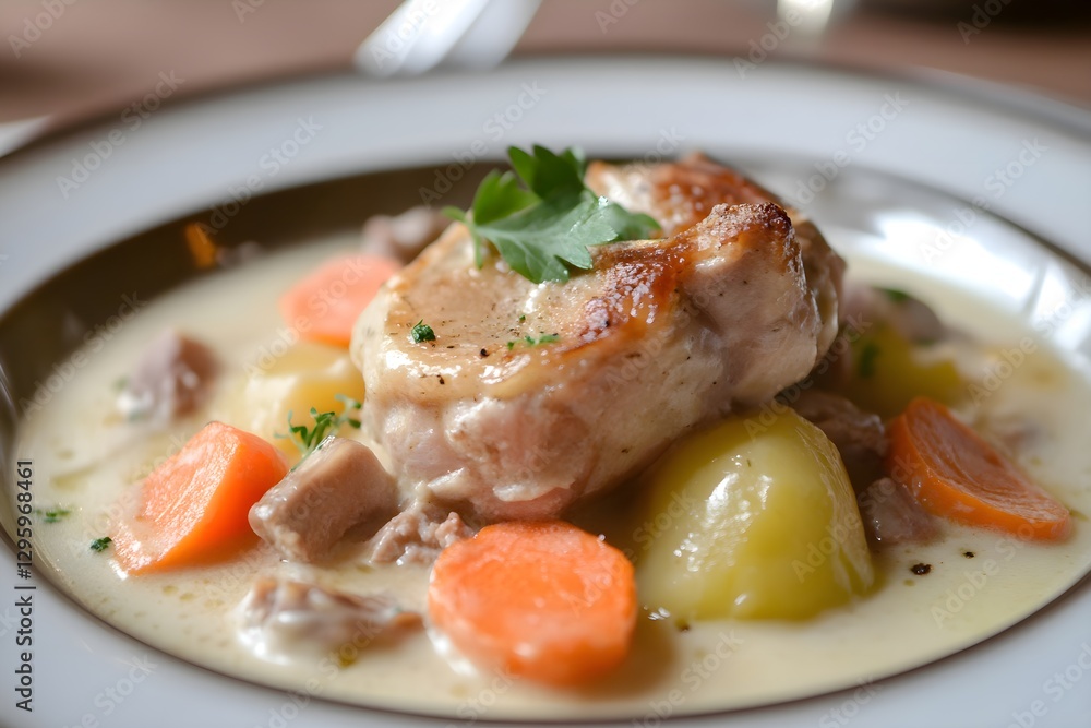 Elegant serving of Blanquette de Veau, a classic French dish in a refined presentation Elegant serving of Blanquette de Veau, a classic French dish in a refined presentation