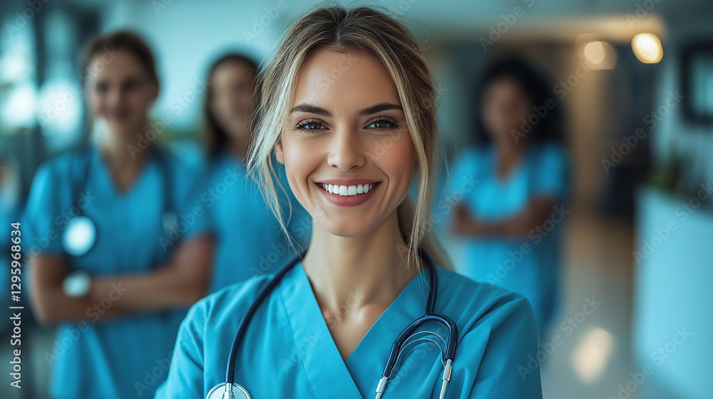 A confident healthcare professional smiles warmly while wearing scrubs A confident healthcare professional smiles warmly while wearing scrubs