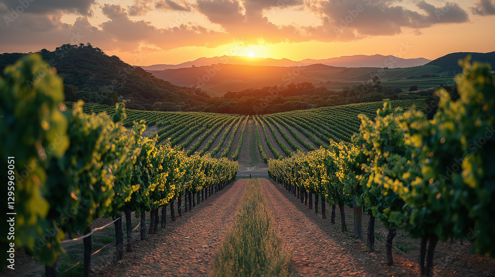 Naklejka premium As the sun gently sets over the rolling hills, vibrant grapevines stretch across the vineyard. Warm hues illuminate the landscape, creating a serene atmosphere perfect for evening strolls