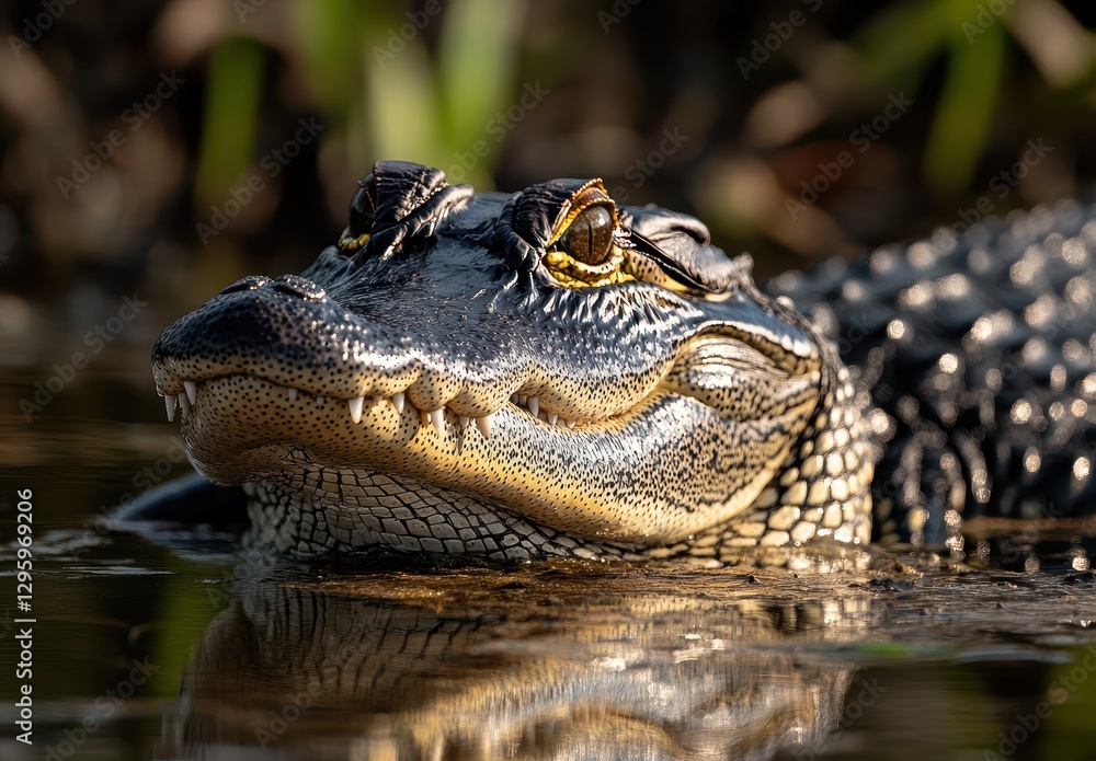 Fototapeta premium Close-Up View of a Crocodile Head Emerging from Calm Water Surrounded by Lush Greenery in Natural Habitat