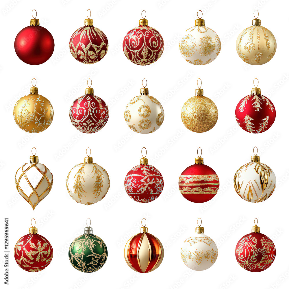 Collection set of various Christmas ornaments isolated on a transparent background Collection set of various Christmas ornaments isolated on a transparent background