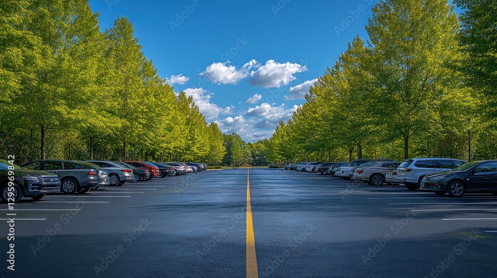 Fototapeta premium Sunny parking lot, trees, parking spaces, clear sky
