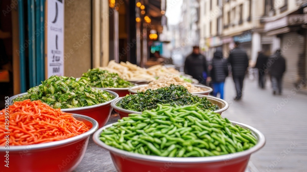 Fototapeta premium Fresh Vegetables Displayed in Bowls on Street Market in Autumn