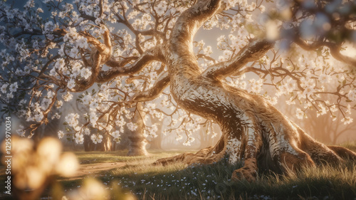 Majestic golden tree with a thick, textured trunk and gracefully spreading branches adorned with delicate white blossoms