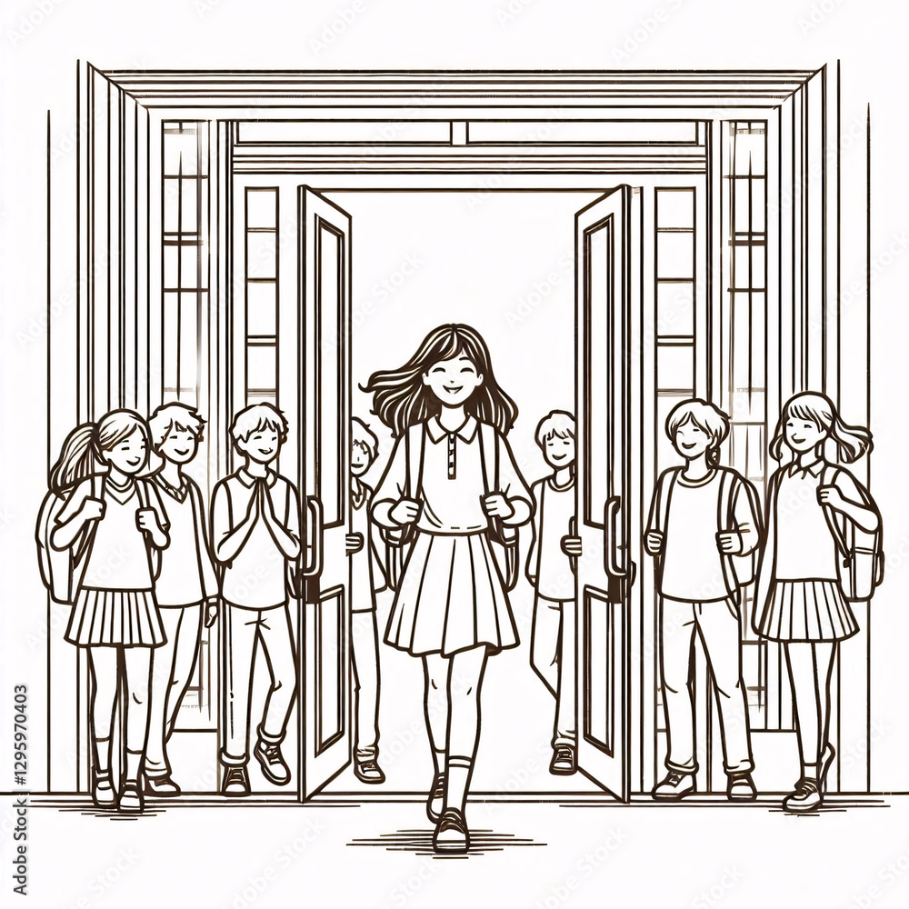 Elegant Linear Illustration of Students Joyfully Entering School Doors, Embracing the Back-to-School Spirit Elegant Linear Illustration of Students Joyfully Entering School Doors, Embracing the Back-to-School Spirit