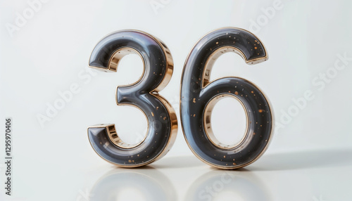 Elegant 3D-rendered number 36 with a metallic gold and black glossy finish, set against a clean white background