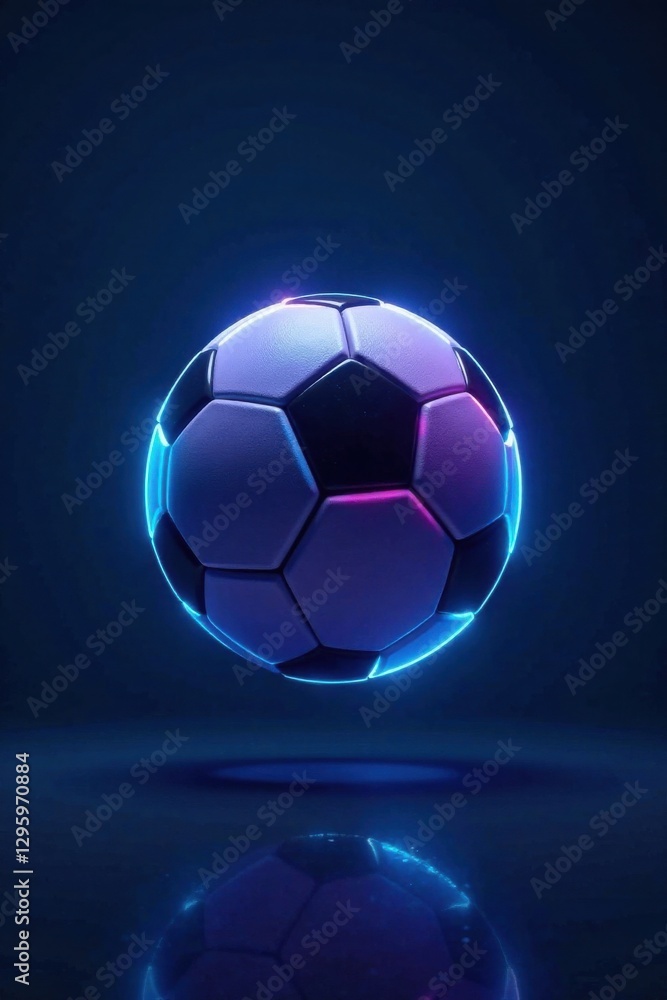 Obraz premium Glowing neon soccer ball suspended in mid-air over a deep blue background, blue background, abstract, illumination