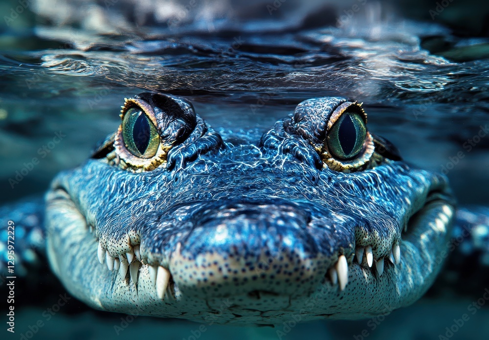 Fototapeta premium Close-up View of a Crocodile Underwater with Intense Eyes and Sharp Teeth Swimming in Clear Blue Water