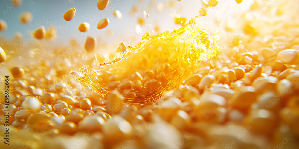 Close-up shot of corn kernels with a golden liquid splash. Close-up shot of corn kernels with a golden liquid splash.