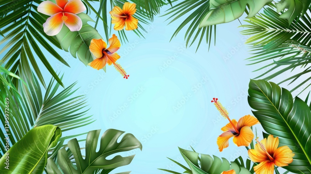 Naklejka premium Tropical frame with colorful hibiscus flowers and palm leaves isolated on a white background. The elements are detailed in vibrant shades of red and green, creating lively and fresh atmosphere. AIG53.