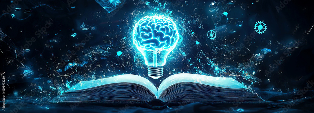 Fototapeta premium Futuristic Digital Brain Lightbulb Emerging from Open Book – Concept of Knowledge and Innovation