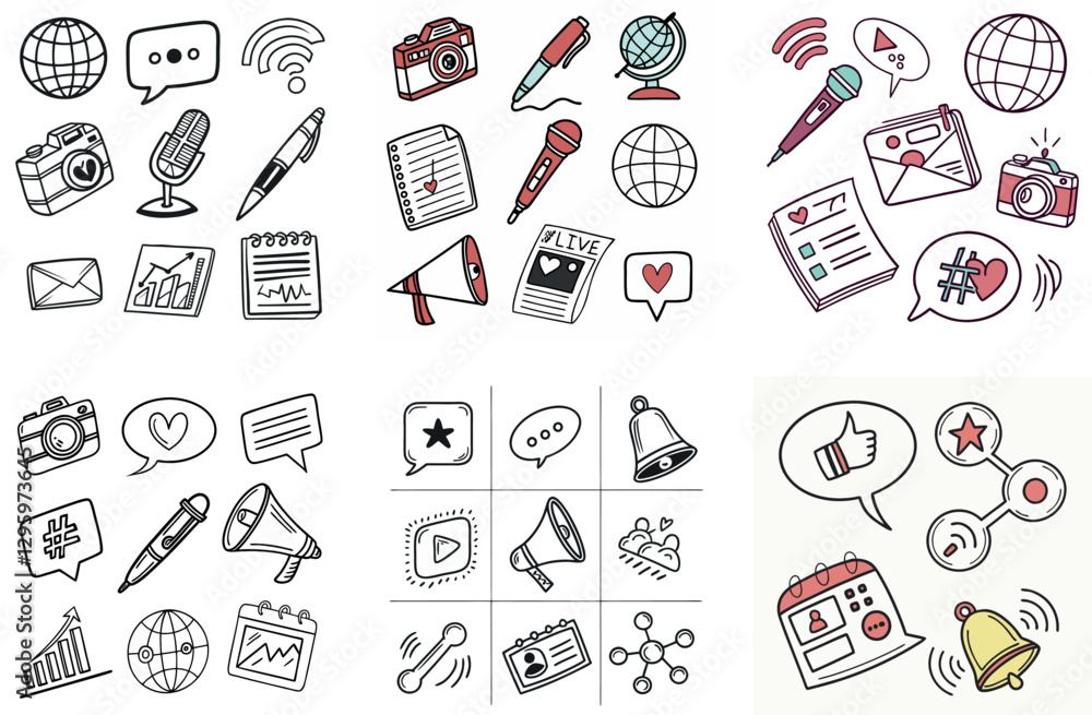 Naklejka premium Hand-drawn Vector Doodle Icons for Social Media and Blogging Bundle Set.