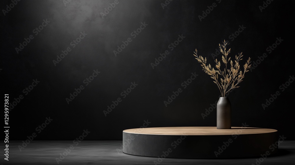 Fototapeta premium A vase of flowers sits on a round pedestal in a dark room