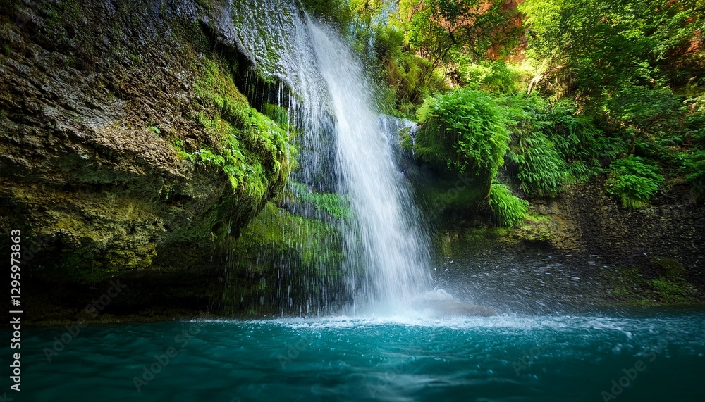 Fototapeta premium A close-up of a cliffside waterfall, with the clear water falling over the edge and splashing into the pool below, capturing the motion and natural beauty. 