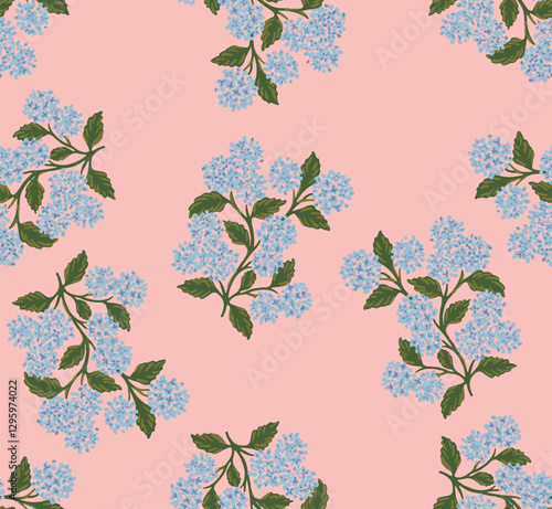 Abstract cute blooming hydrangea floral illustration pink background seamless pattern wallpaper print for textile fabric print vector graphic artwork