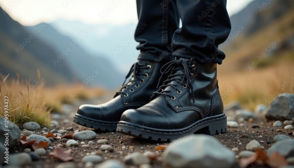 Grungy black boots standing alone on rocky terrain, rugged, terrain, earthy Grungy black boots standing alone on rocky terrain, rugged, terrain, earthy