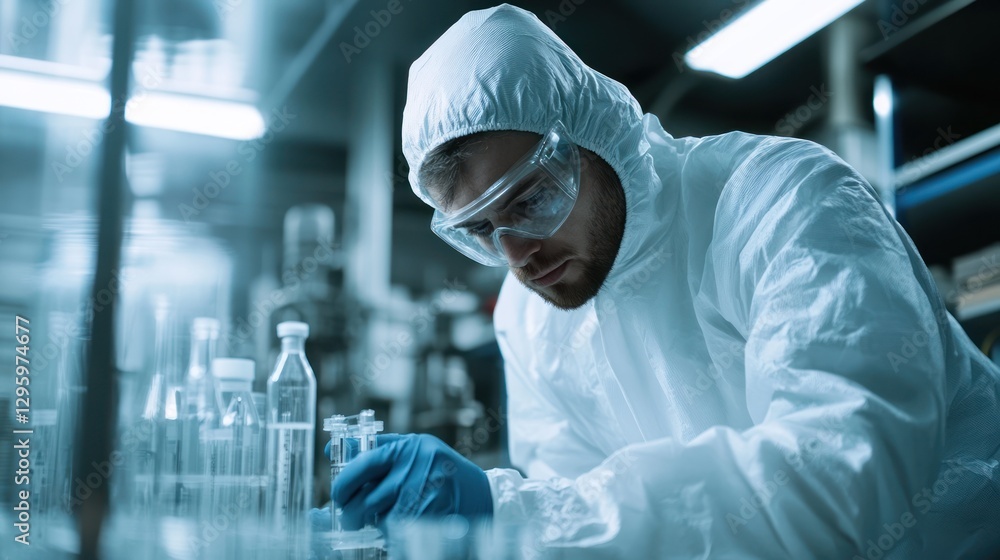 Scientist works in sterile lab Scientist works in sterile lab