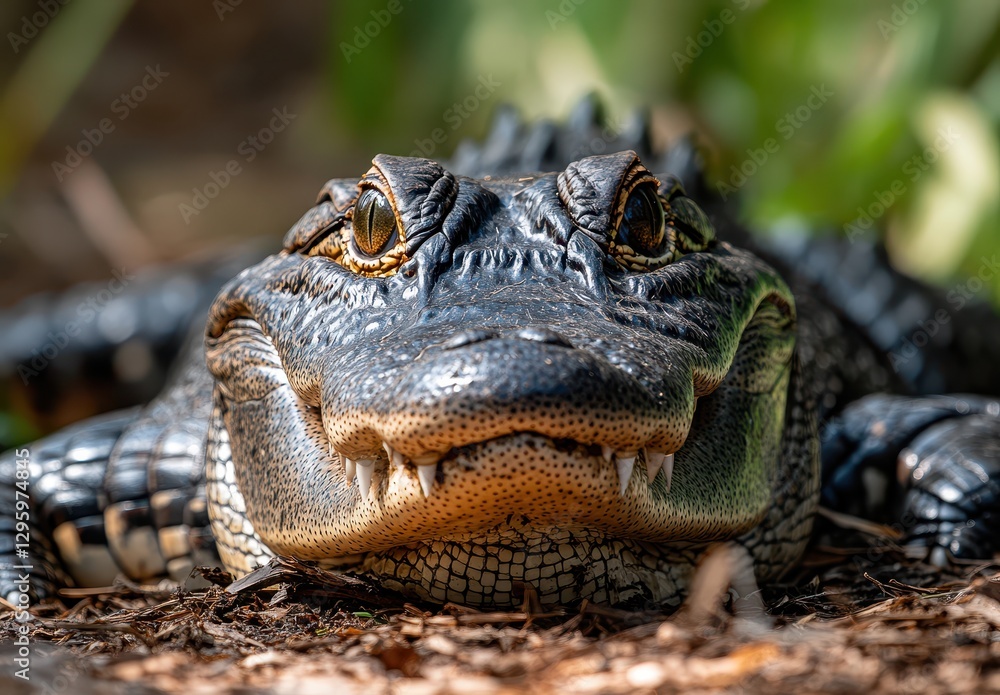 Obraz premium Close-Up View of a Fierce Alligator Portrait with Detailed Scales and Intense Eyes in Natural Habitat under Bright Sunlight