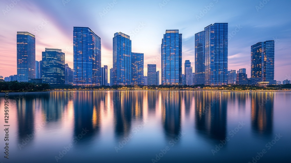Fototapeta premium Reflections of city buildings at twilight on calm lake water beautiful sunset light