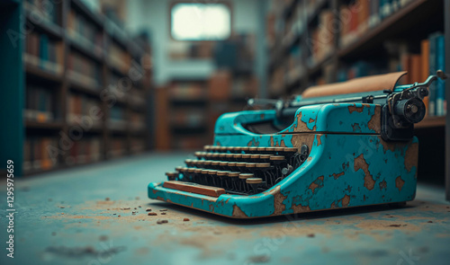 A distressed typewriter key with turquoise surface and copper wiring sits amidst dust and old books.